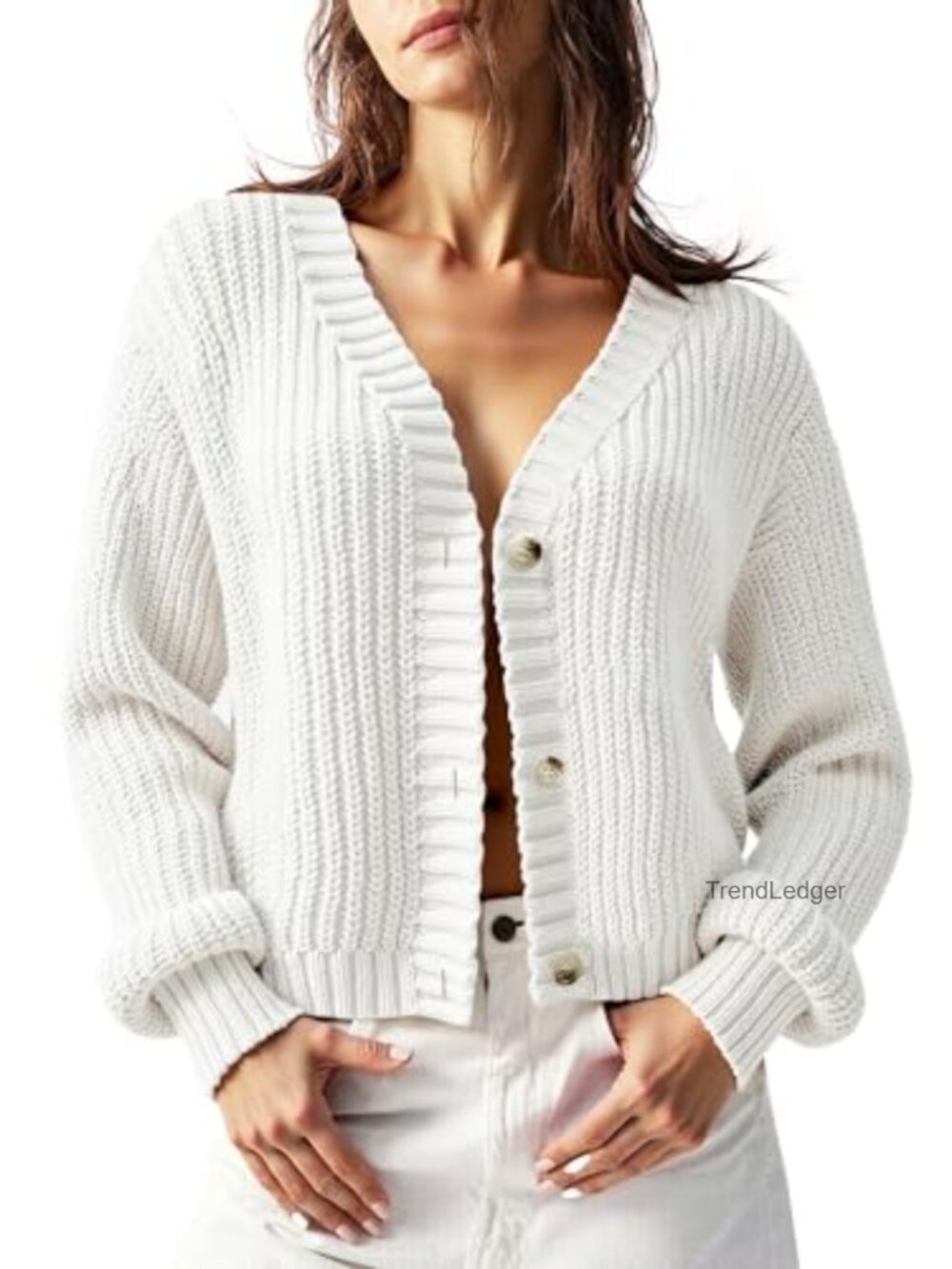 Chunky Knit Cardigan - Waffle Button Down Oversized V Neck Fall Sweater - Picture 4 of 6